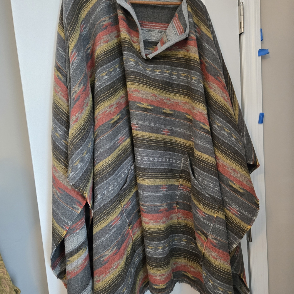 Source Unknown Gray and Red Striped Poncho